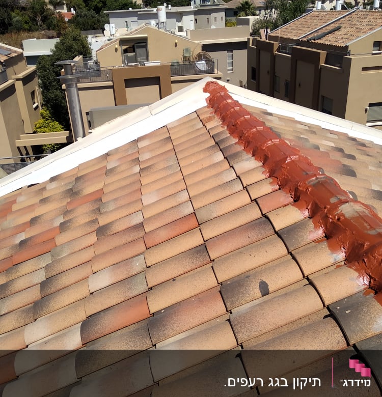 גג רעפים עם חומר איטום אדום במרכז